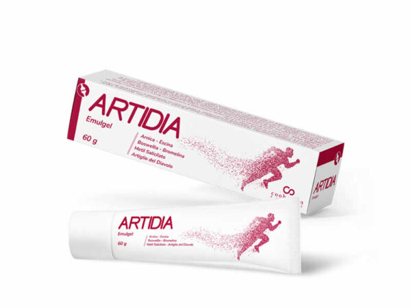 Artidia Emulgel è una emulsione gel cosmetica con Artiglio del Diavolo, Arnica e Bromelina ad azione lenitiva sulla cute soggetta e piccoli traumi, contusioni e contrasti imprevisti.