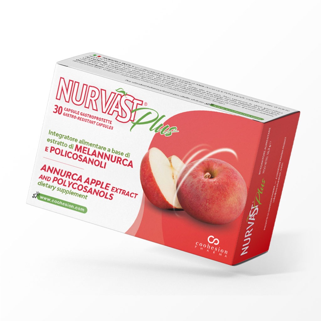 Confezione di Nurvast Plus, prodotto nutraceutico a base di estratti secchi di mela annurca e policosanoli per il controllo naturale del colesterolo.