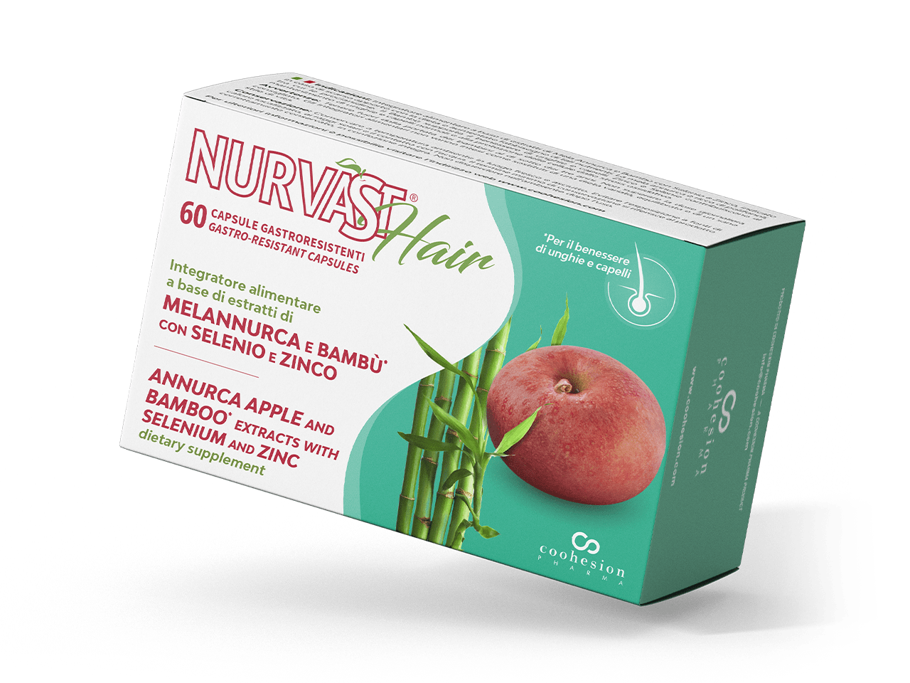 Nurvast Hair - Integratore a base di mela Annurca e bambù con selenio e zinco per il benessere di unghie e capelli