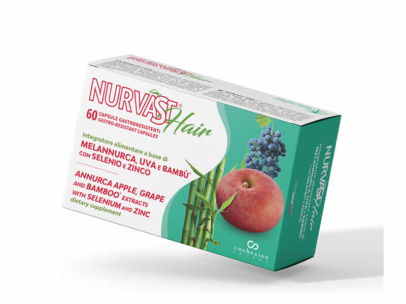 Nurvast Hair è un integratore alimentare a base di estratti secchi di Mela Annurca, Uva e Bambù, con aggiunta di Selenio e Zinco.