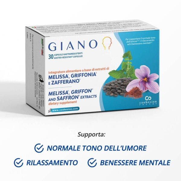 Giano - Integratore per il tono dell'umore a base di zafferano, melissa e 5-HTP che aiuta l'umore e a contrastare le forme lievi di ansia, depressione e sindrome ansioso depressiva.
